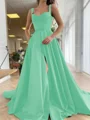 A-Line/Princess Straps Court Train Satin Prom Dresses With Pockets
