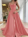 A-Line/Princess Straps Court Train Satin Prom Dresses With Pockets