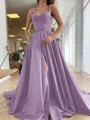 A-Line/Princess Straps Court Train Satin Prom Dresses With Pockets