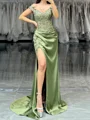 Sheath Off-the-Shoulder Appliques Lace Sweep Train Silk Like Satin Corset Dress