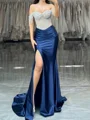 Sheath Off-the-Shoulder Rhinestone Sweep Train Silk Like Satin Corset Dress