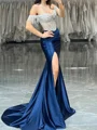 Sheath Off-the-Shoulder Rhinestone Sweep Train Silk Like Satin Corset Dress