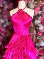 A-line Halter Cascading Ruffles Sweep Train Metallic Satin Corset Dress