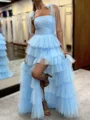 A-line Straight Cascading Ruffles Sweep Train Tulle Dress