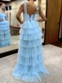 A-line Straight Cascading Ruffles Sweep Train Tulle Dress