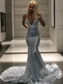 Trumpet/Mermaid V-neck Court Train Sequins Prom Dresses