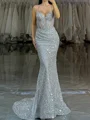 Sheath Spaghetti Straps Sequin Court Train Corset Dress