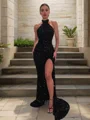 Sheath/Column Halter Sweep Train Velvet Sequins Prom Dresses With Leg Slit