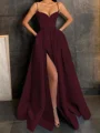 A-Line/Princess V-neck Floor-Length Satin Prom Dresses With Leg Slit
