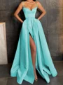 A-Line/Princess V-neck Floor-Length Satin Prom Dresses With Leg Slit