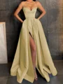 A-Line/Princess V-neck Floor-Length Satin Prom Dresses With Leg Slit