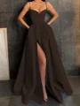 A-Line/Princess V-neck Floor-Length Satin Prom Dresses With Leg Slit