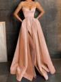 A-Line/Princess V-neck Floor-Length Satin Prom Dresses With Leg Slit