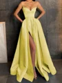 A-Line/Princess V-neck Floor-Length Satin Prom Dresses With Leg Slit