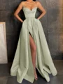 A-Line/Princess V-neck Floor-Length Satin Prom Dresses With Leg Slit