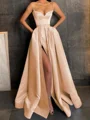 A-Line/Princess V-neck Floor-Length Satin Prom Dresses With Leg Slit