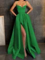 A-Line/Princess V-neck Floor-Length Satin Prom Dresses With Leg Slit