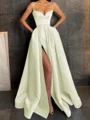 A-Line/Princess V-neck Floor-Length Satin Prom Dresses With Leg Slit