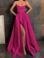 A-Line/Princess V-neck Floor-Length Satin Prom Dresses With Leg Slit