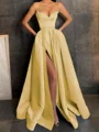 A-Line/Princess V-neck Floor-Length Satin Prom Dresses With Leg Slit