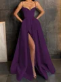 A-Line/Princess V-neck Floor-Length Satin Prom Dresses With Leg Slit