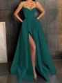 A-Line/Princess V-neck Floor-Length Satin Prom Dresses With Leg Slit