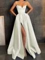 A-Line/Princess V-neck Floor-Length Satin Prom Dresses With Leg Slit
