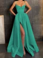 A-Line/Princess V-neck Floor-Length Satin Prom Dresses With Leg Slit