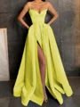 A-Line/Princess V-neck Floor-Length Satin Prom Dresses With Leg Slit