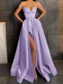 A-Line/Princess V-neck Floor-Length Satin Prom Dresses With Leg Slit