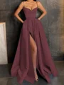 A-Line/Princess V-neck Floor-Length Satin Prom Dresses With Leg Slit