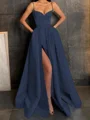 A-Line/Princess V-neck Floor-Length Satin Prom Dresses With Leg Slit