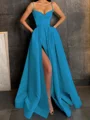 A-Line/Princess V-neck Floor-Length Satin Prom Dresses With Leg Slit