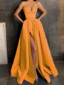 A-Line/Princess V-neck Floor-Length Satin Prom Dresses With Leg Slit