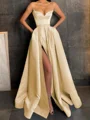 A-Line/Princess V-neck Floor-Length Satin Prom Dresses With Leg Slit
