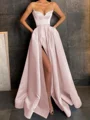 A-Line/Princess V-neck Floor-Length Satin Prom Dresses With Leg Slit