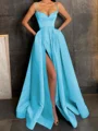 A-Line/Princess V-neck Floor-Length Satin Prom Dresses With Leg Slit