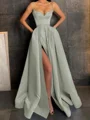 A-Line/Princess V-neck Floor-Length Satin Prom Dresses With Leg Slit