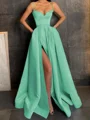 A-Line/Princess V-neck Floor-Length Satin Prom Dresses With Leg Slit