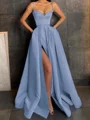 A-Line/Princess V-neck Floor-Length Satin Prom Dresses With Leg Slit