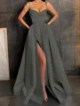 A-Line/Princess V-neck Floor-Length Satin Prom Dresses With Leg Slit