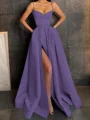 A-Line/Princess V-neck Floor-Length Satin Prom Dresses With Leg Slit