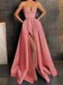 A-Line/Princess V-neck Floor-Length Satin Prom Dresses With Leg Slit