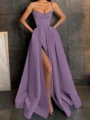 A-Line/Princess V-neck Floor-Length Satin Prom Dresses With Leg Slit