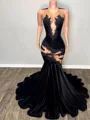 Mermaid Scoop Appliques Lace Sweep Train Velvet Dress