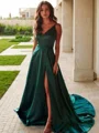 A-Line/Princess V-neck Sweep Train Silk Like Satin Prom Dresses With Leg Slit