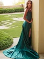 A-Line/Princess V-neck Sweep Train Silk Like Satin Prom Dresses With Leg Slit