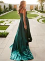 A-Line/Princess V-neck Sweep Train Silk Like Satin Prom Dresses With Leg Slit