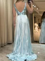 A-line Silk Like Satin V-neck Sleeveless Sweep Train Prom Dresses