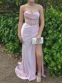 Sheath Silk Like Satin Spaghetti Straps Sleeveless Sweep Train Prom Dresses